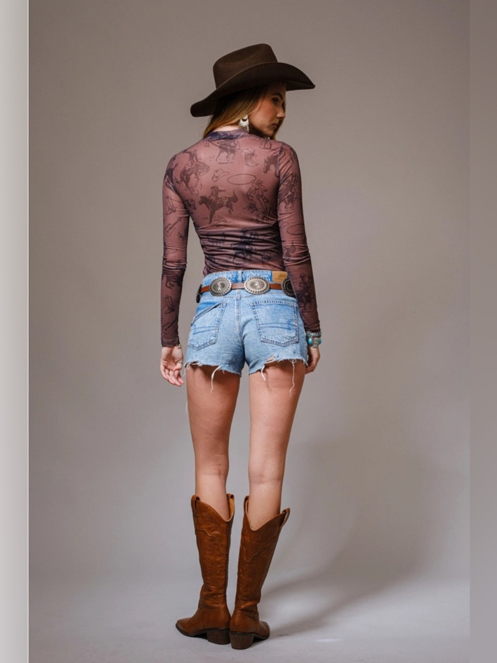Western Cowgirl Print Mock Neck Long Sleeve Mesh Top - Blue B - Picture 6 of 8